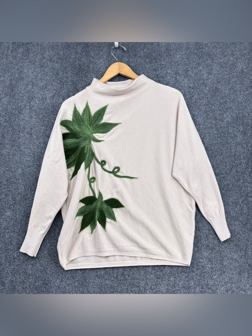 Aaeda Light Beige Soft Knit Cottagecore Whimsy Botanical Sweater Women’s S